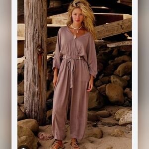 Free-est Viscose Linen Blend Belted  Jumpsuit L Free People
